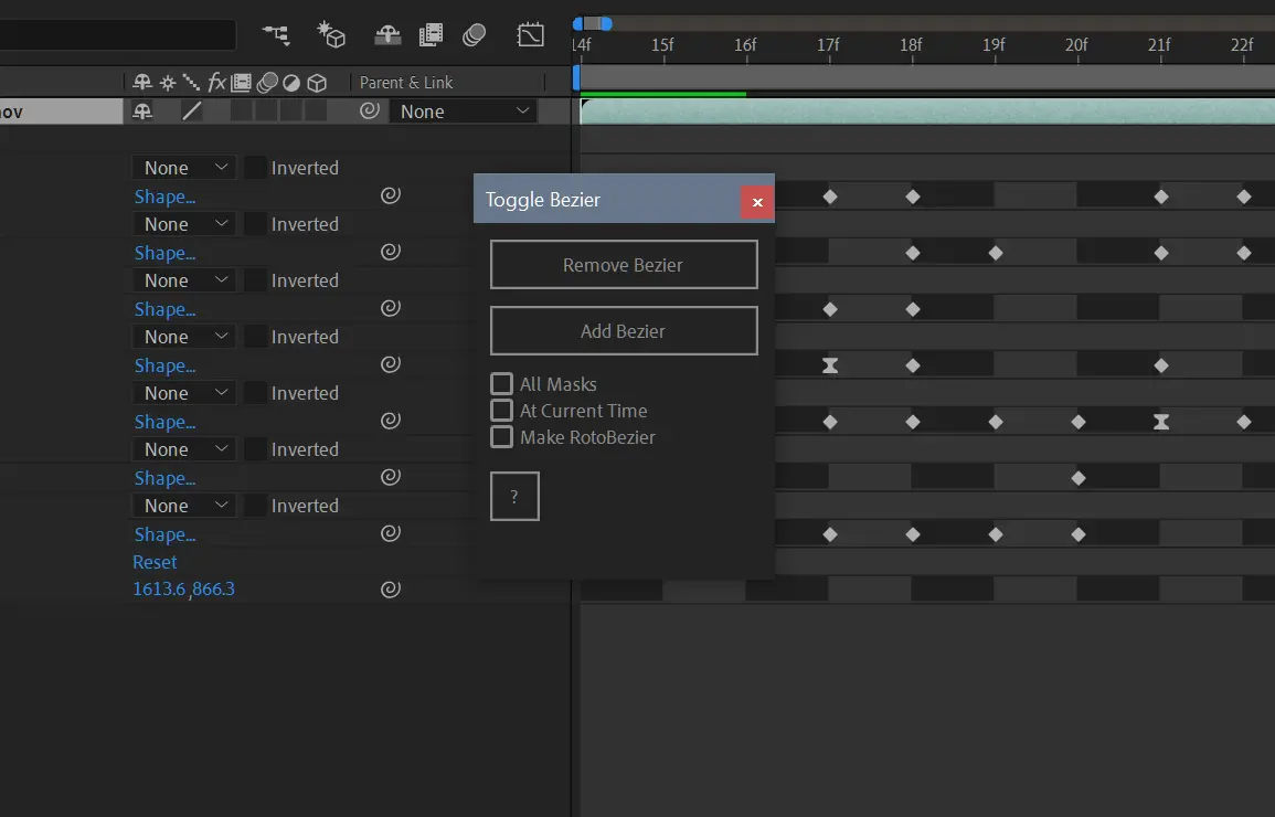 The toggle bezier interface in front of a layer with several masks that all have many keyframes