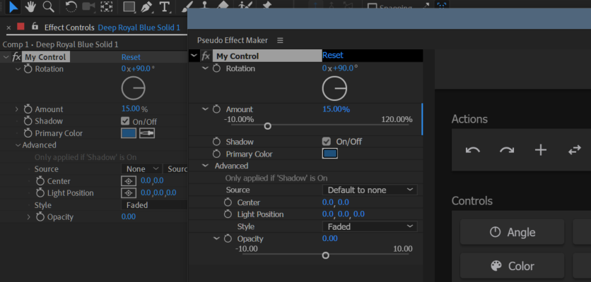 The pseudo effect maker interface next to the control applied to an After Effects layer